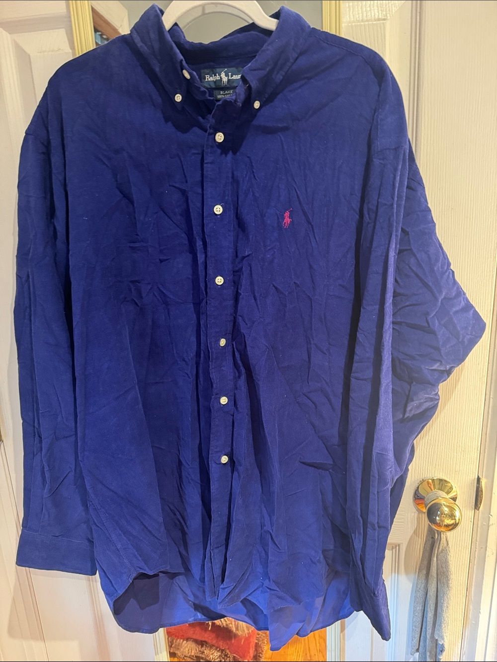 Ralph Lauren Men’s Button-Down Shirt in Deep Royal Blue with Pink Pony corduroy